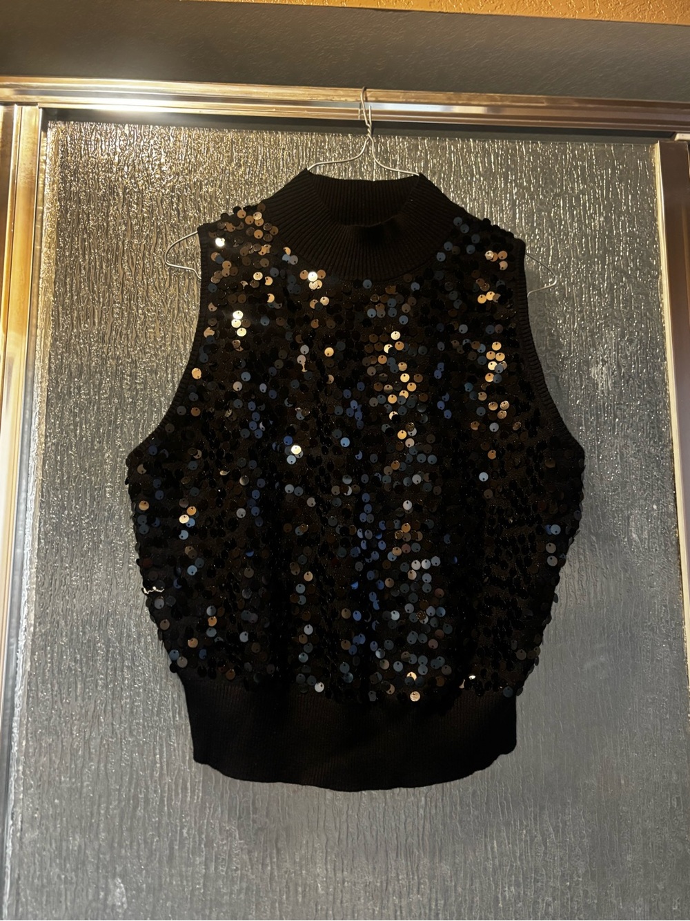 Black Sequin Mock Neck Sleeveless Top